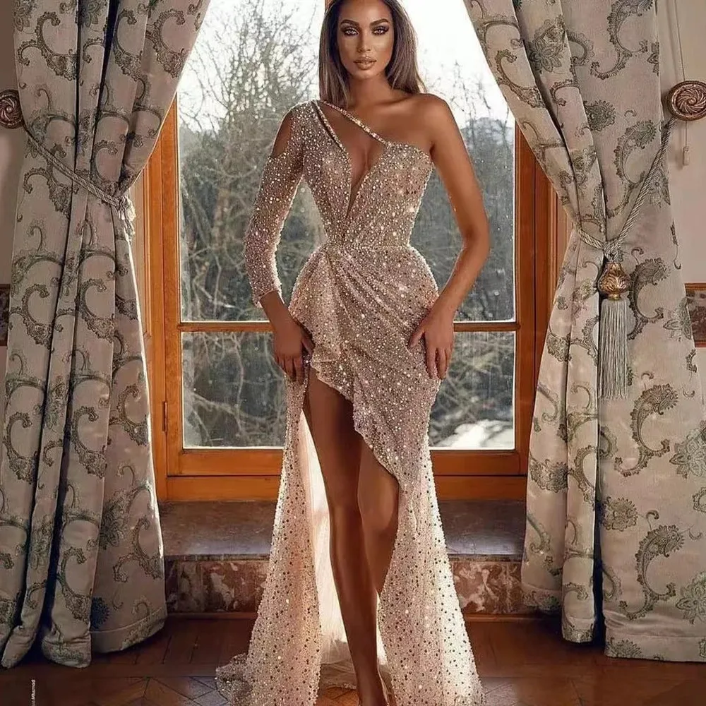 

Sexy One Shoulder Prom Dresses 2022 Side Split Illusion Sequined Dubai Evening Formal Party Second Reception Gowns