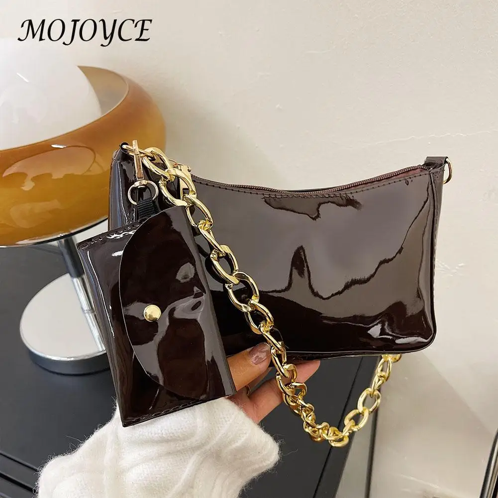 

Women Shoulder Bags Patent Leather Chain Crossbody Tote Female Pure Color Trending Handbag Casual Ladies Small Purse