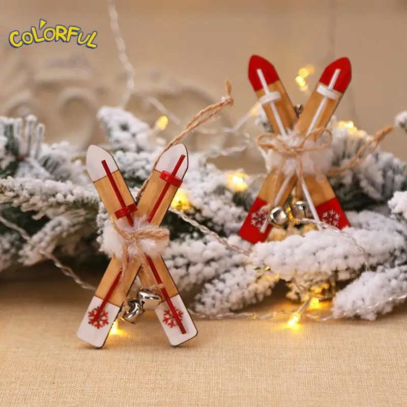 

Christmas Hanging Pendants Sleigh Xmas Tree Home Decor Ornament Dollhouse Miniture Wooden Ski Board Craft Supplies New Year Gift