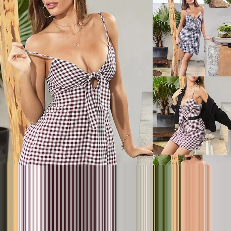 

Plaid Spaghetti Strap Sexy Dresses Women Bandage Bow Backless Loose Short Dress Party - (Without Belt)