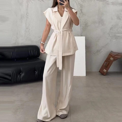 Элегантный однотонный пригородный костюм 2024, Женский однотонный пиджак на шнуровке и брюки, Модный женский офисный комплект из двух предметов для женщин