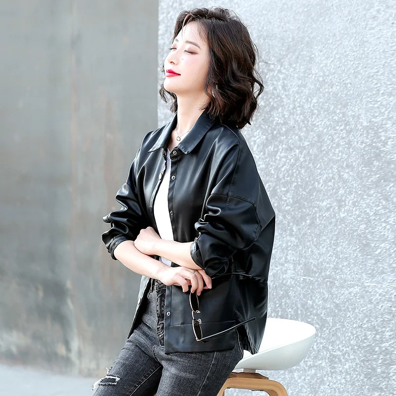 100% genuine real Black Haining Sheepskin Women's Short Leather Jacket Small Lapel Loose Oversize Coat