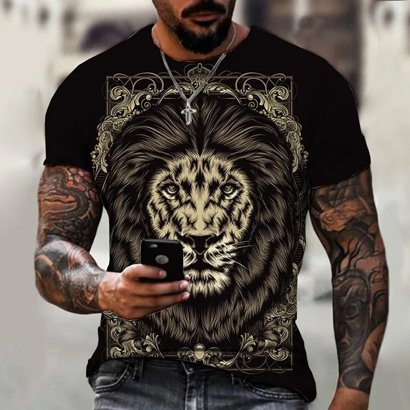 

Lion Printed T-Shirt Animal Vintage Short Sleeve Tee Shirt Casual Tops Streetwear Fashion Men Clothing Oversized Black T-shirt