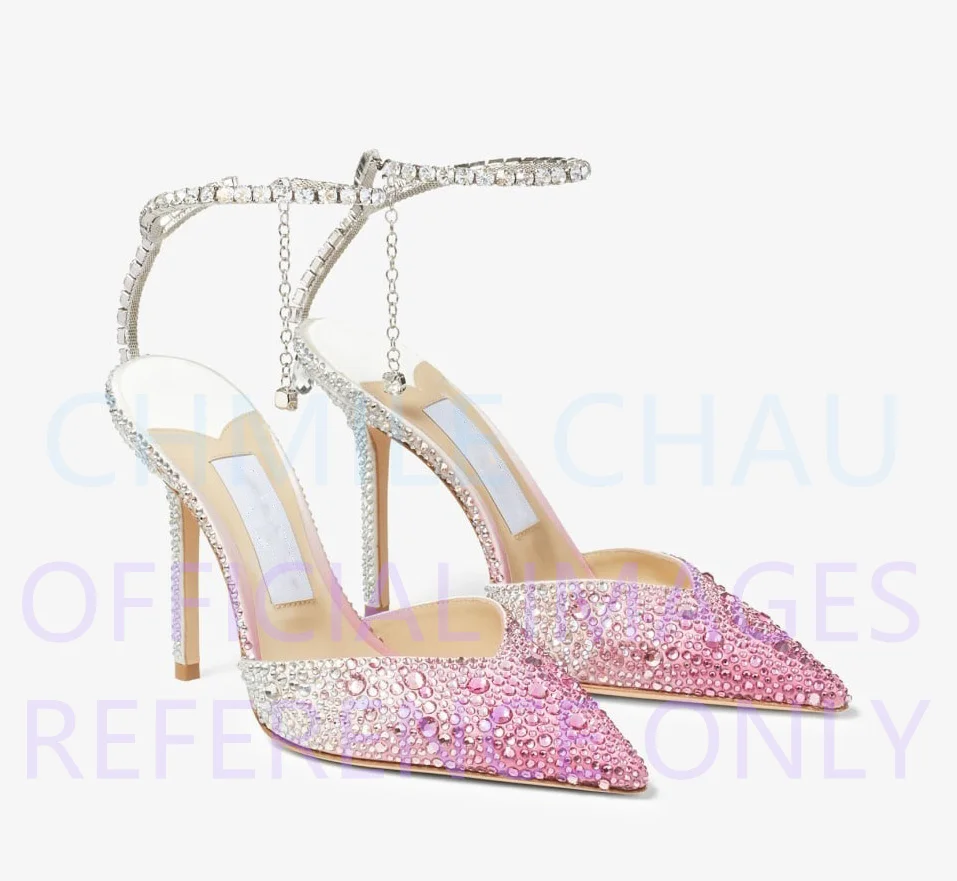 New Bridals Rhinestone Party Sandal for Woman Pointy Toe Crystal Ankle Chain Thin High Heel Shoes Sandalias De Mujer 34-CHC-26