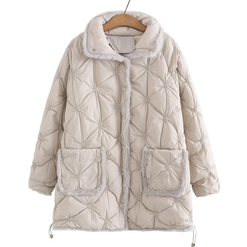 2022 Winter White Duck Down Jacket 5XL Plus Size Women Stand Collar Fur Edge Embroidery Warmth Coat Curves Clothing