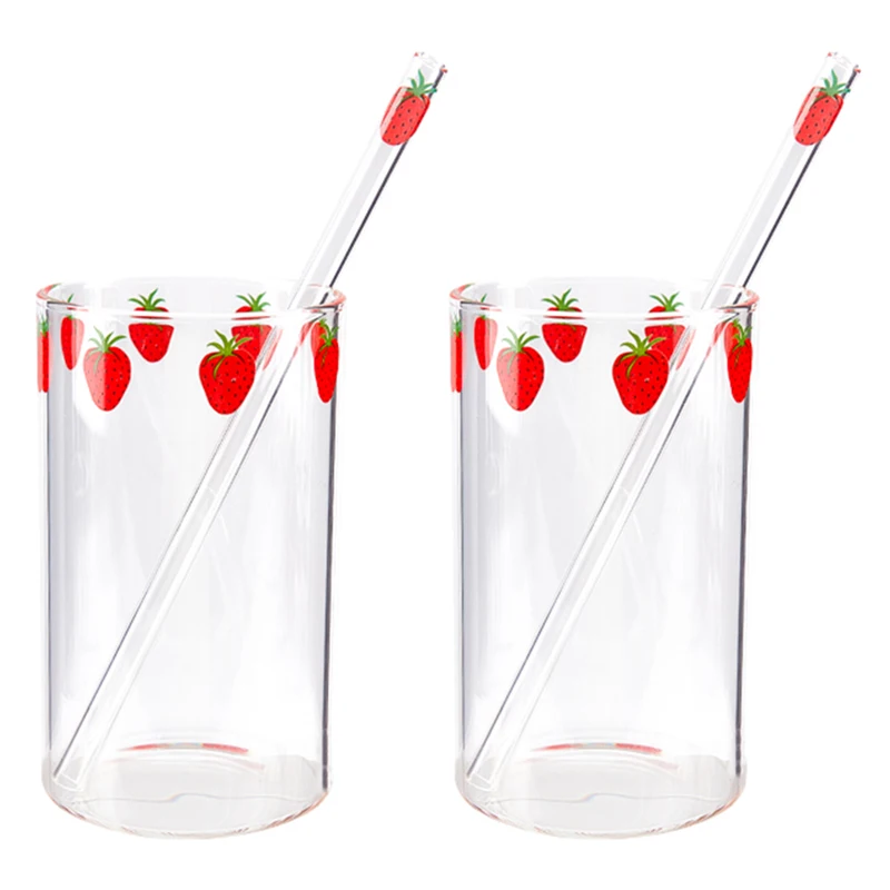 300ml Strawberry Cute Nordic Glass Cup With Straw  Milk Heat Resistant Glass Mug