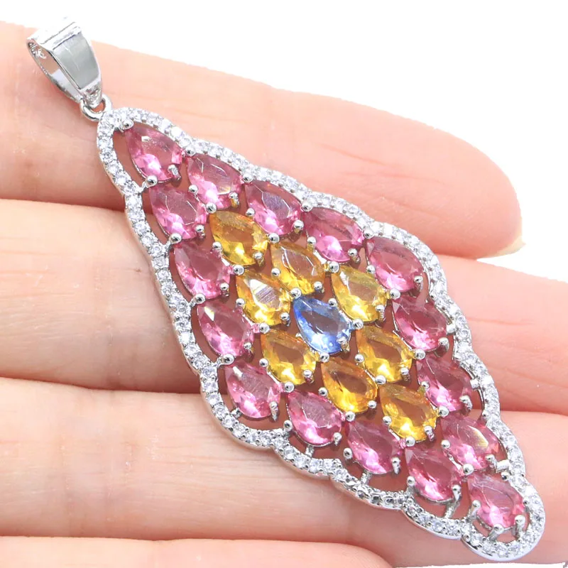 

64x24 мм европейский дизайн большой размер зеленый изумруд розовый турмалин Золотой Цитрин Танзанит CZ серебряный кулон