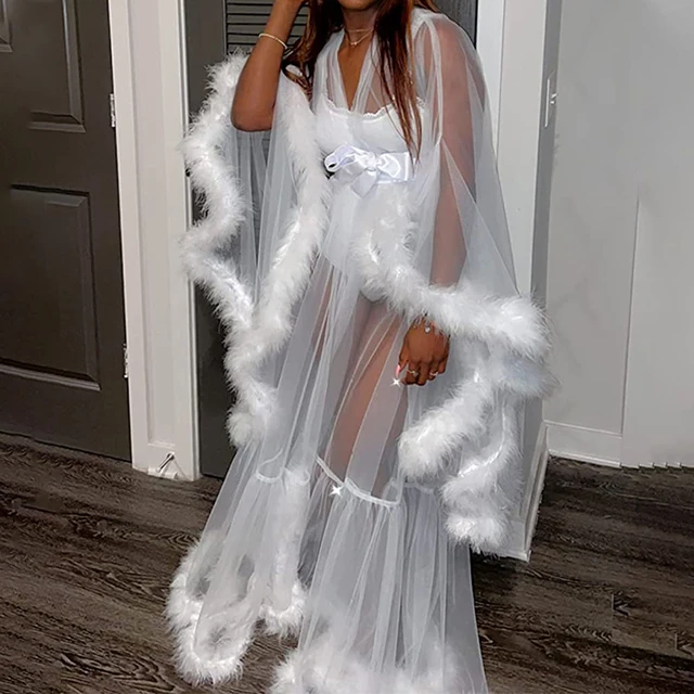 

Women Flare Sleeves Feather Robe Fur White Bridal Nightgown Tulle Sheer Sleepwear Long Wedding Scarf Dressing Gown Photoshoot
