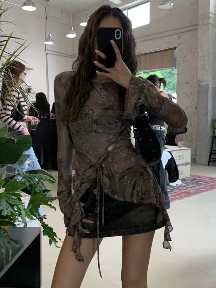 Женская блузка с винтажным принтом Облегающая рубашка в стиле Харадзюку