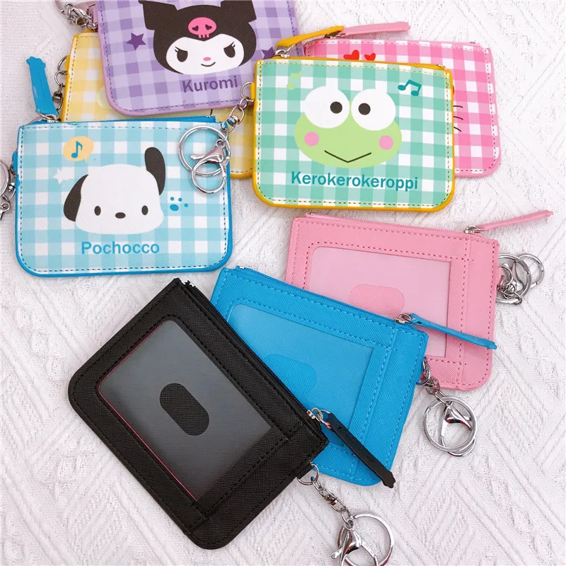 

Sanrioed Kawaii My Melody Kuromi Cinnamoroll Kt Leather Card Holder Coin Purse Lattice Anime Girl Keychain Backpack Pendant