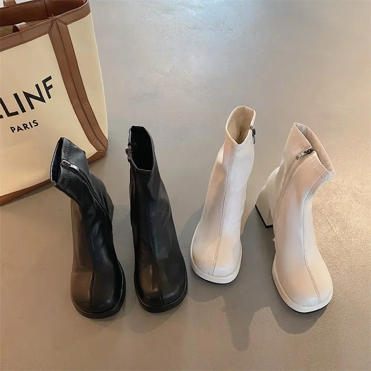 

Autumn Winter Fashion Women Leather Thick Heel Short Boot Female Ankle Boots Ladies Shoes Office Footwear Black White