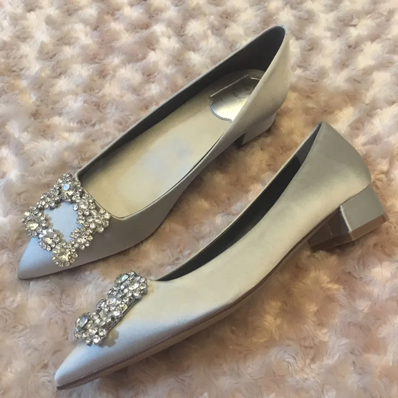 Luxury New Rhinestone Square Button Silk Women Pumps Lady Shallow Thick-heeled Pointed Toe Comfortable Elegant High heels Shoes