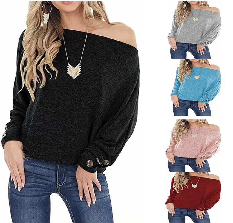 New autumn/winter one-word off-the-shoulder solid color button loose long sleeve T-shir