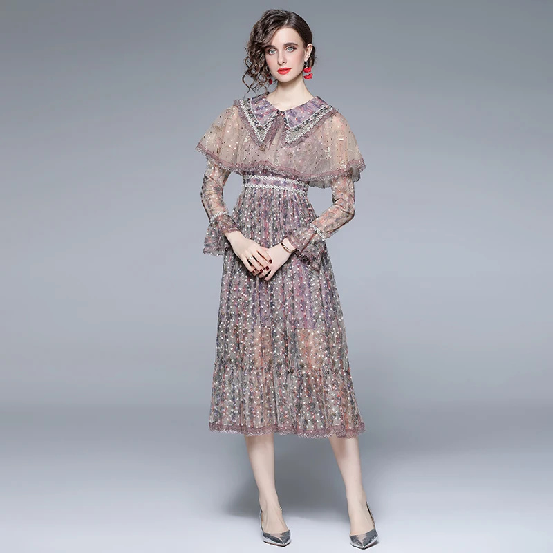 

Spring Summer French Elegant Mesh Party Dress Runway Women Peter Pan Collar Ruffles Embroidery Flower Printed Long Tulle Dress