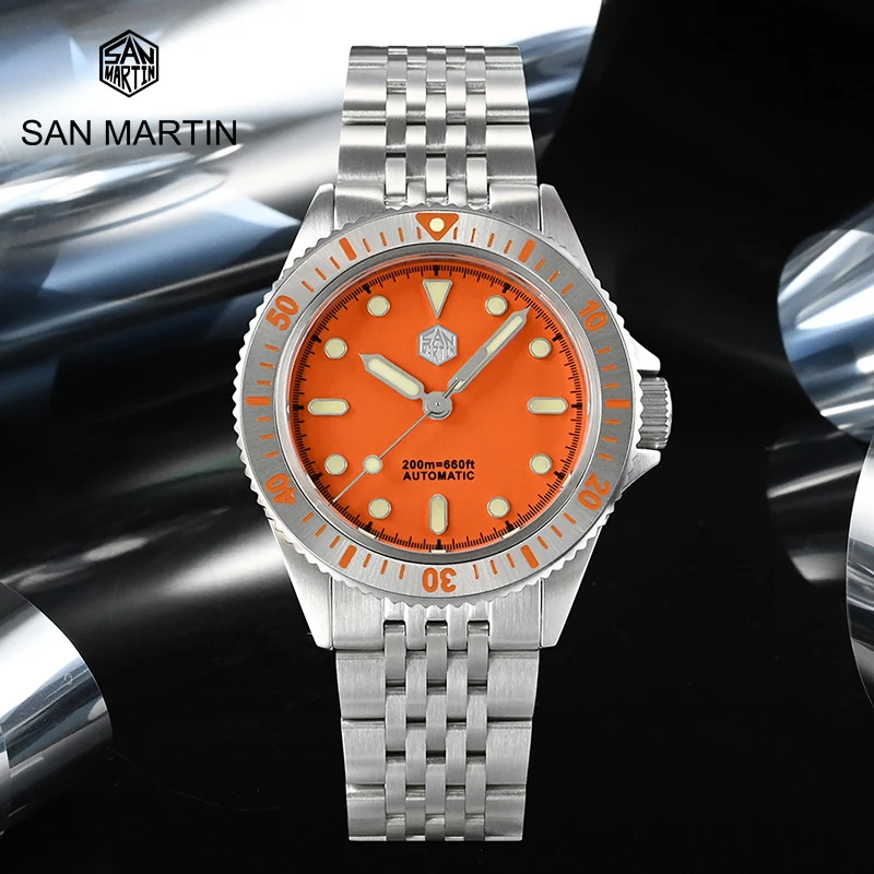 

San Martin Mens Dive Watch 38mm orange Dial Ceramic Bezel Sapphire Miyota 8215 Automatic Movement Mechanical Watches 20 Bar Lume