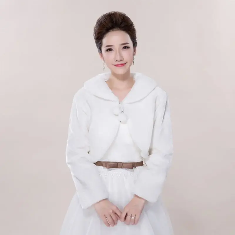 

Womens Lady Faux Fur Long Sleeve Shawl Wrap Lapel Collar Pompom Ball Lace Up Whi 918F