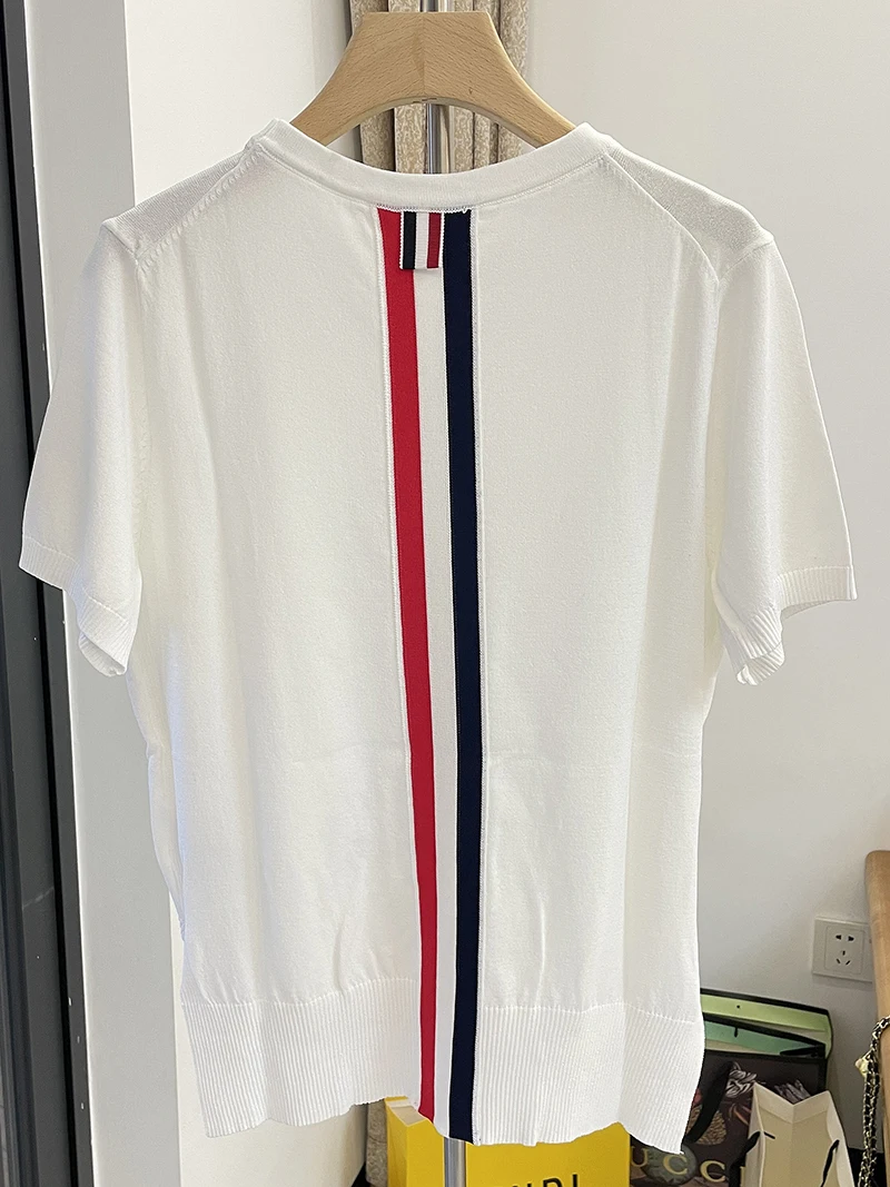 

High Quality TB Korean Style Short-sleeved T-shirt Top Women's Ice Silk Loose Summer Sweater High-quality Four-bar British