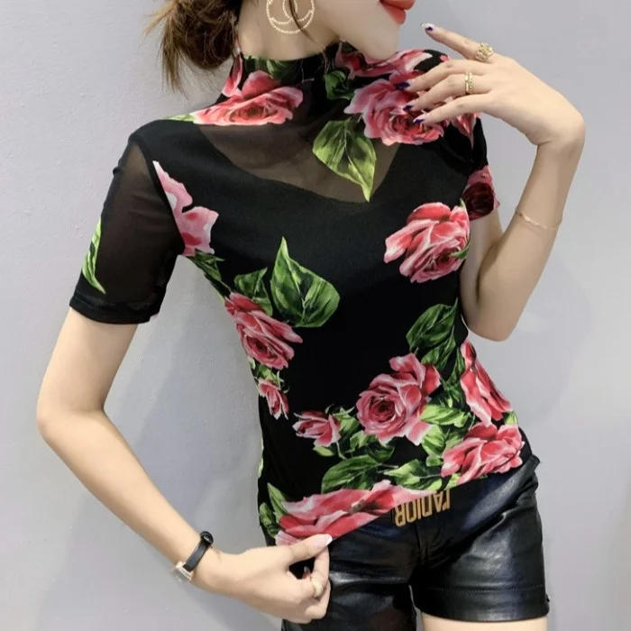 

#7190 Summer Black Floral 3d Printed Short Sleeve T-Shirt Women Thin Sexy Skinny Turtleneck T Shirt Femme Casual Vintage Tshirt