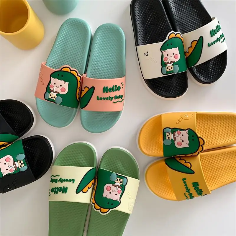 Women Cartoon Slippers Cute Cow Summer Shoes Ladies Bathroom Shower Slipper Soft PVC White Black Color Female Home Floor Slides