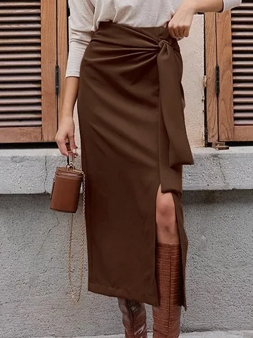 

New Vintage Solid Color Split Midi Skirt Women High Waist Lace-up Straight Skirts 2024 Spring Elegant Fashion Office Lady Skirt
