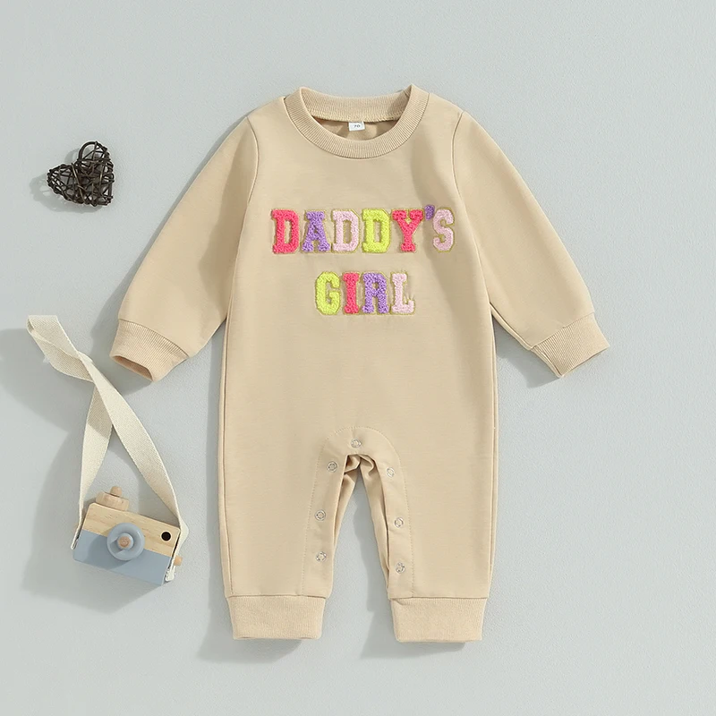 

Infant Baby Girl Fall Jumpsuit Fuzzy Letter Embroidery Round Neck Long Sleeve Full Length Romper Toddler Clothe for Casual Daily