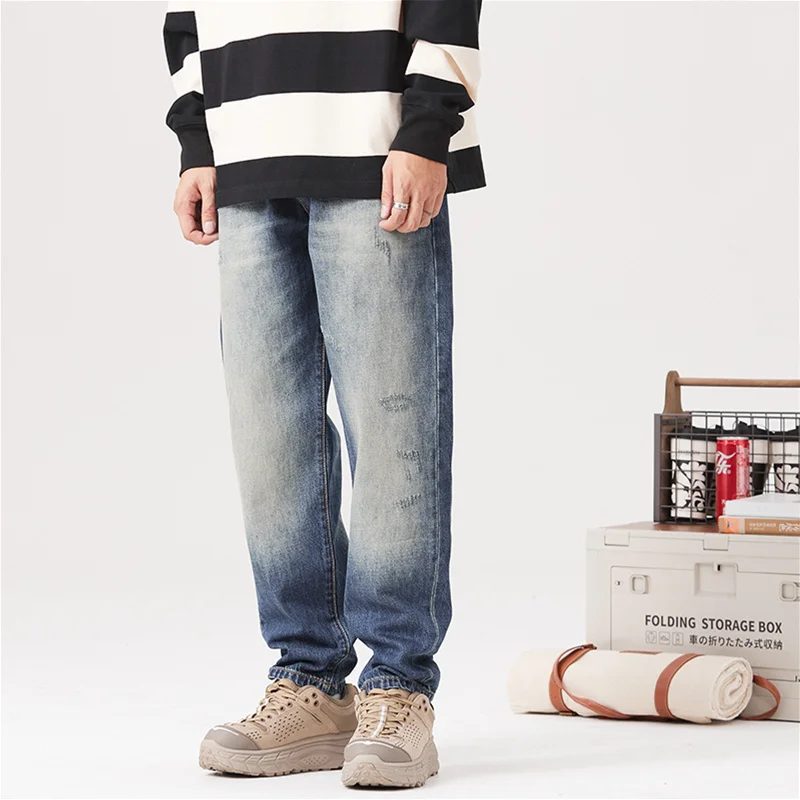 Men Clothing 2022 New Pattern Vintage Nostalgia Recreational Blue Pants Straight Cylinder Comfortable Loose Jeans Autumn Female