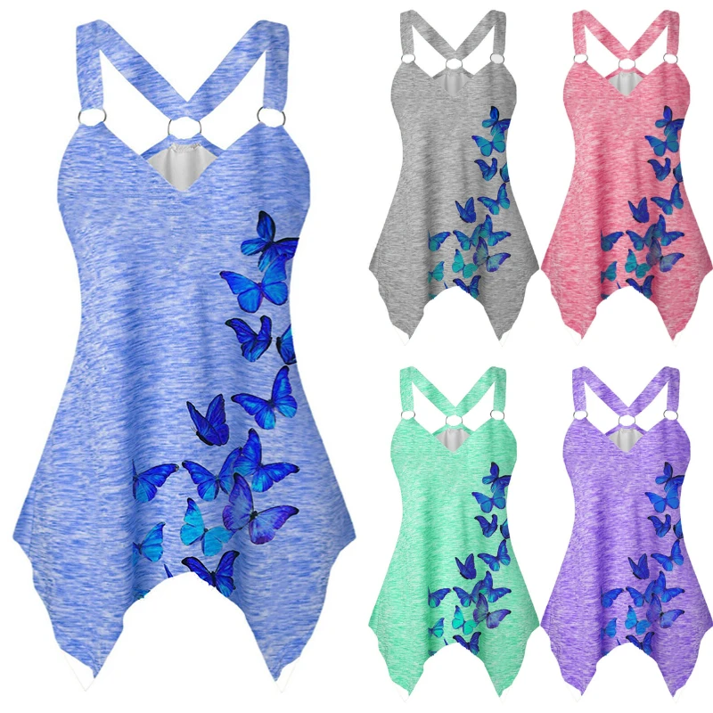 

Print Vest Women's Fashion Butterfly Pattern Tank Tops Summer Sleeveless V-collar Blouse Casual Tops for Women Gothic Y2k Top