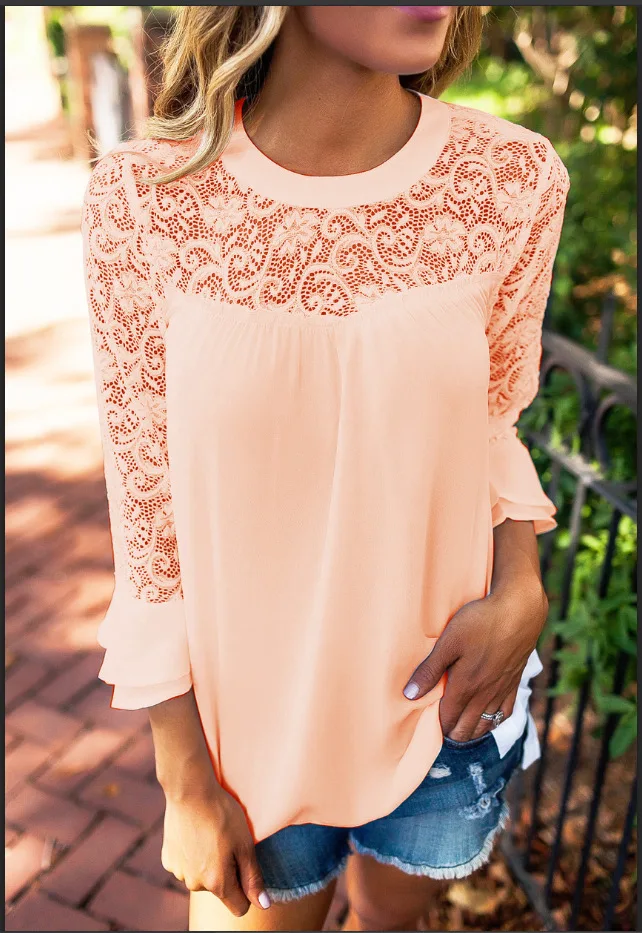 

Autumn long-sleeved lace-paneled chiffon T-shirt one