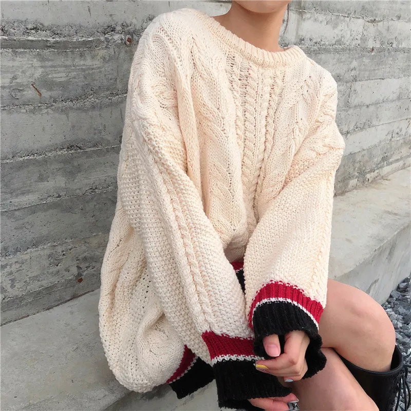 

Vintage Loose Women's Sweater Korean Jumpers Autumn/Winter Clothing Long Sleeve O-Neck Knitwear Women Pullovers