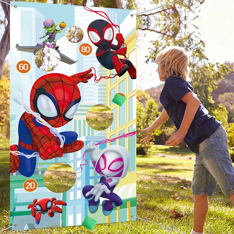 

New Spiderman Theme Birthday Party Throw Game Marvel Outdoor Fun Puzzle Sandbag Games Decoration Backdrop Kids Sports Toys Gifts