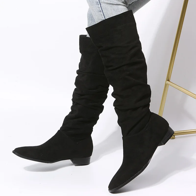 

2022 Winter Women Suede Knee High Boots Ladies Pointed Toe Tall Boots Plus Size