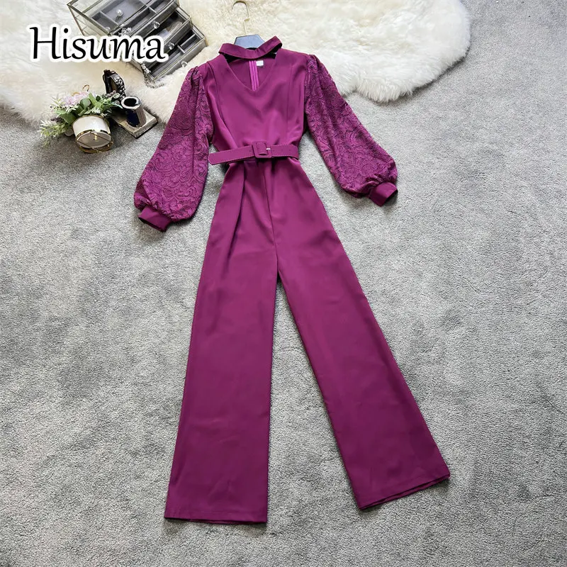 

Женский шифоновый комбинезон на бретелях, элегантный комбинезон с v-образным вырезом, кружевными рукавами-фонариками и широкими штанинами, весна-лето 2023