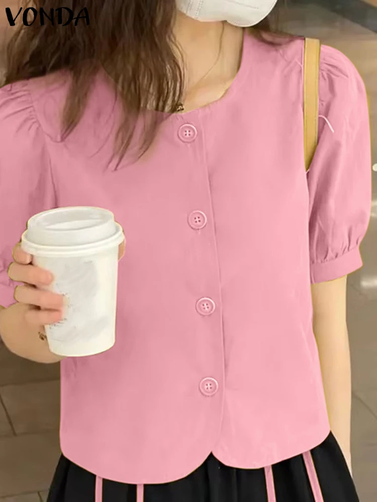

VONDA Women Shirts Summer Tops 2023 Fashion Casual Blouses Short Sleeve Buttons Solid Color Shirts Round Neck Blusas Femme Tunic