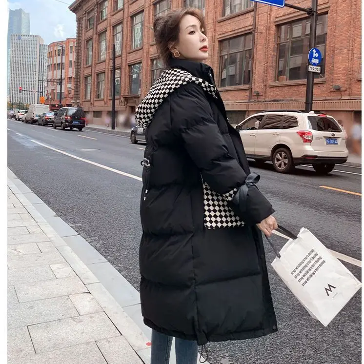 Winter Women Hooded Parkas Long Jackets Casual Thick Warm Windproof Coat Female Outwear Long Streetwear Zipper Plaid Pockets S76