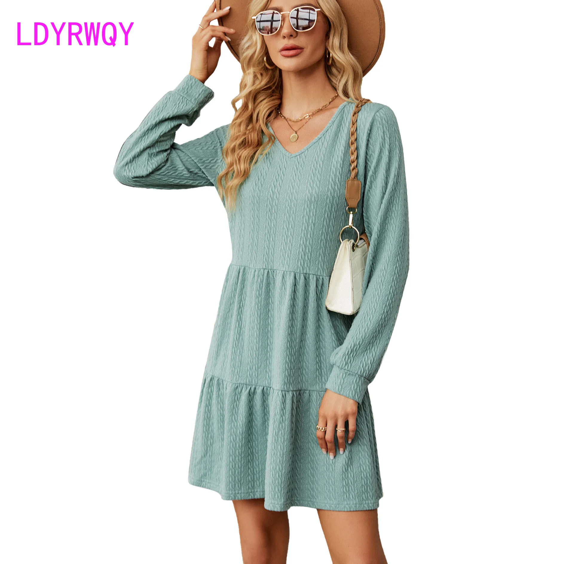 

Autumn/Winter New Solid V-Neck Panel Long Sleeve Loose fitting Dress