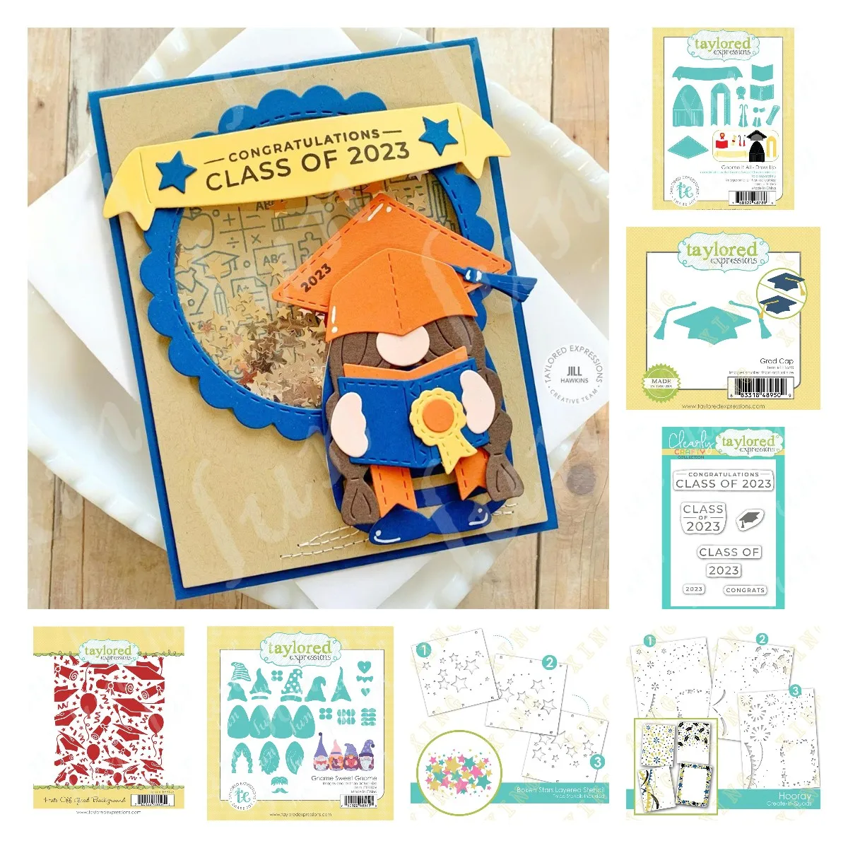 

Sweet Gnome Dies Class of 2023 New Grad Hats Background Cutting Dies Layered Stencils and Clear Stamps Set Scrapbook Decoration