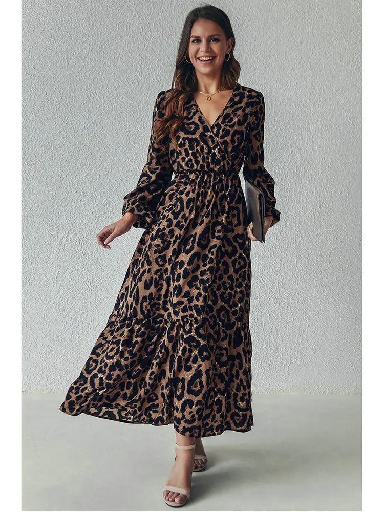 

Oversea Size Summer Women Fashion Leopard Printing Long Elegant Female Spring Autumn Clothes Boutique Classic Clothes Good Style