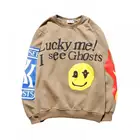 Толстовка Kanye West с надписью Lucky Me I See Ghost, Свитшот со смайликом и принтом пламени, пуловер с круглым вырезом для мужчин и женщин, флисовая уличная одежда большого размера