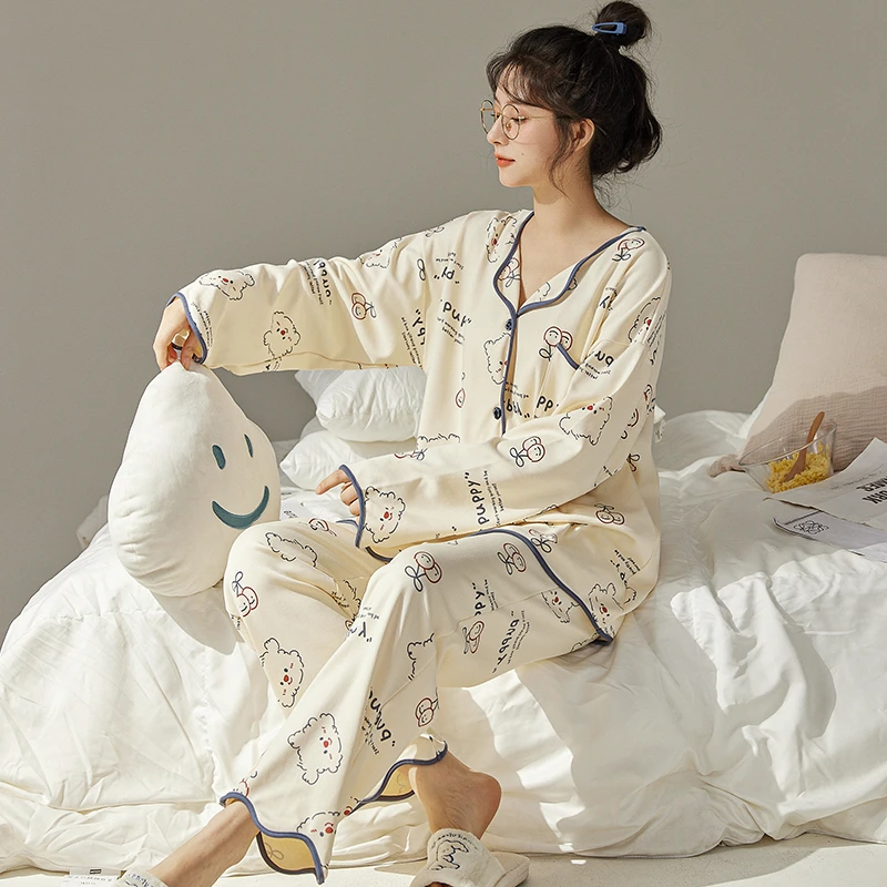 CAIYIER Flower Girls Nightwear Korean Sweet Soft Women Pajamas Set Winter V Neck Cardigan Cute Nightwear Suit Warm Loungewear