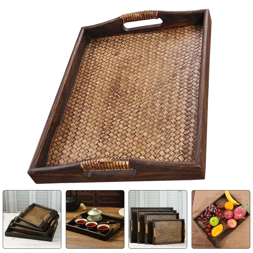 

Wooden Pallet Wicker Tray Rattan Basket Wood Dinner Plates Weave Serving Snack Dish Teak Wood Food Tray