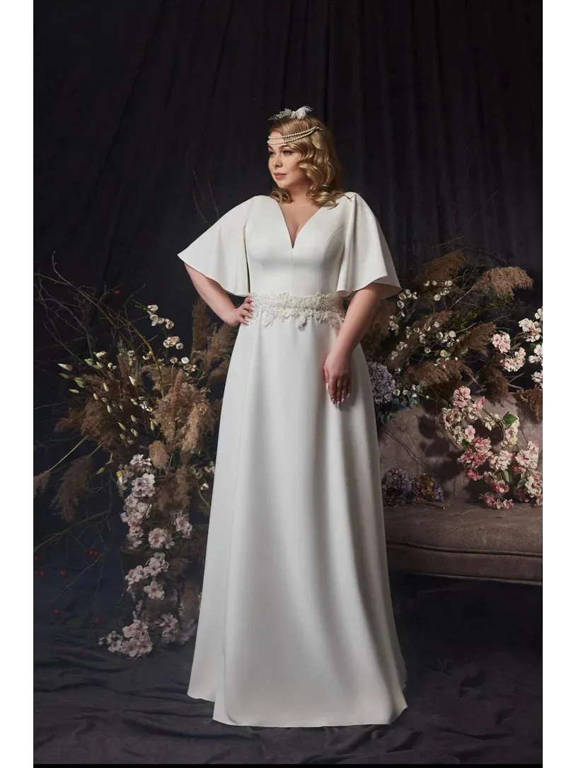

KSDN Plus Size Prom Dress White V-Neck Short Sleeve Pleat Floor Length Appliques 2023 Vestidos Para Mujer Elegantes y Bonitos