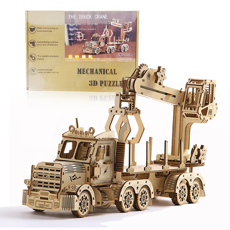 

3D Wooden Puzzle Movable Retro Biplane Crane Bulldozer Truck Handmade Assembly Truck Model DIY Toys Decoration Gift for Kids