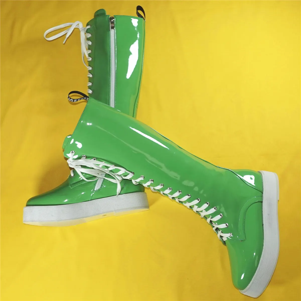 Winter Fashion Sneakers Women Lace Up Patent Leather Knee High Boots Female Round Toe Thigh High Platform Pumps Casual Shoes