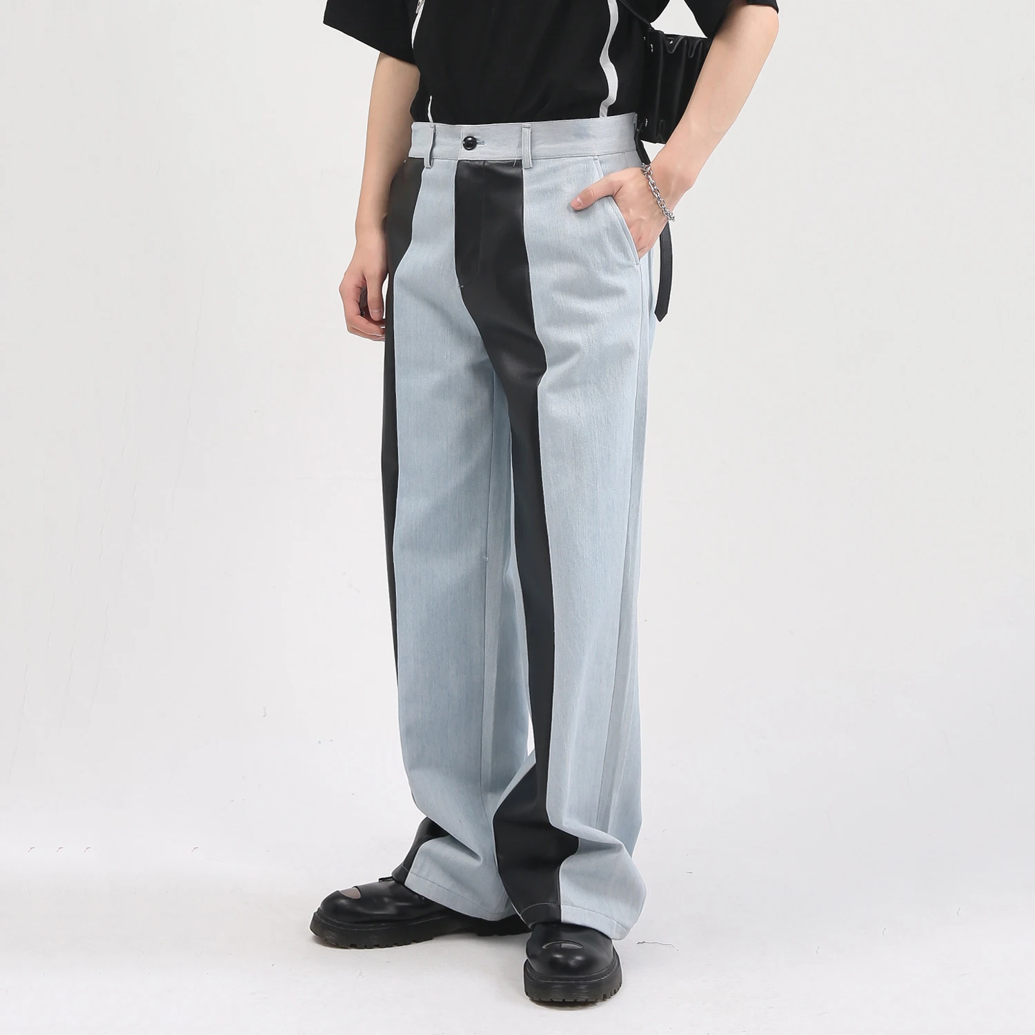 Four Seasons Men's Jeans Fashion Korean Style Leather Splicing Contrast Color Straight Casual Jeans Men's Y2k Pants Streetwear