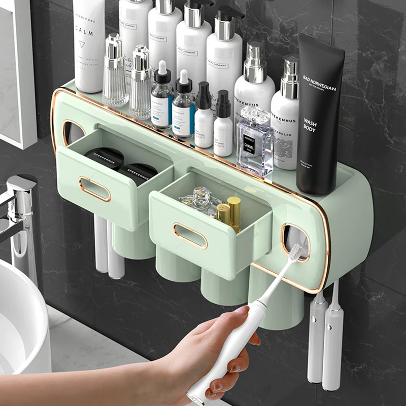 

Magnetic Adsorption Inverted Toothbrush Holder 2 Automatic Toothpaste Squeezer Dispenser Storage Rack Bathroom Accessories Set