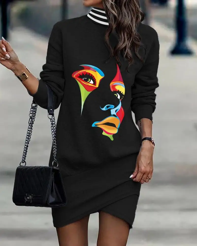 

Autumn Fashion Print Mini Dress Women Casual High Neck Long Sleeve Straight Irregular Dress Women
