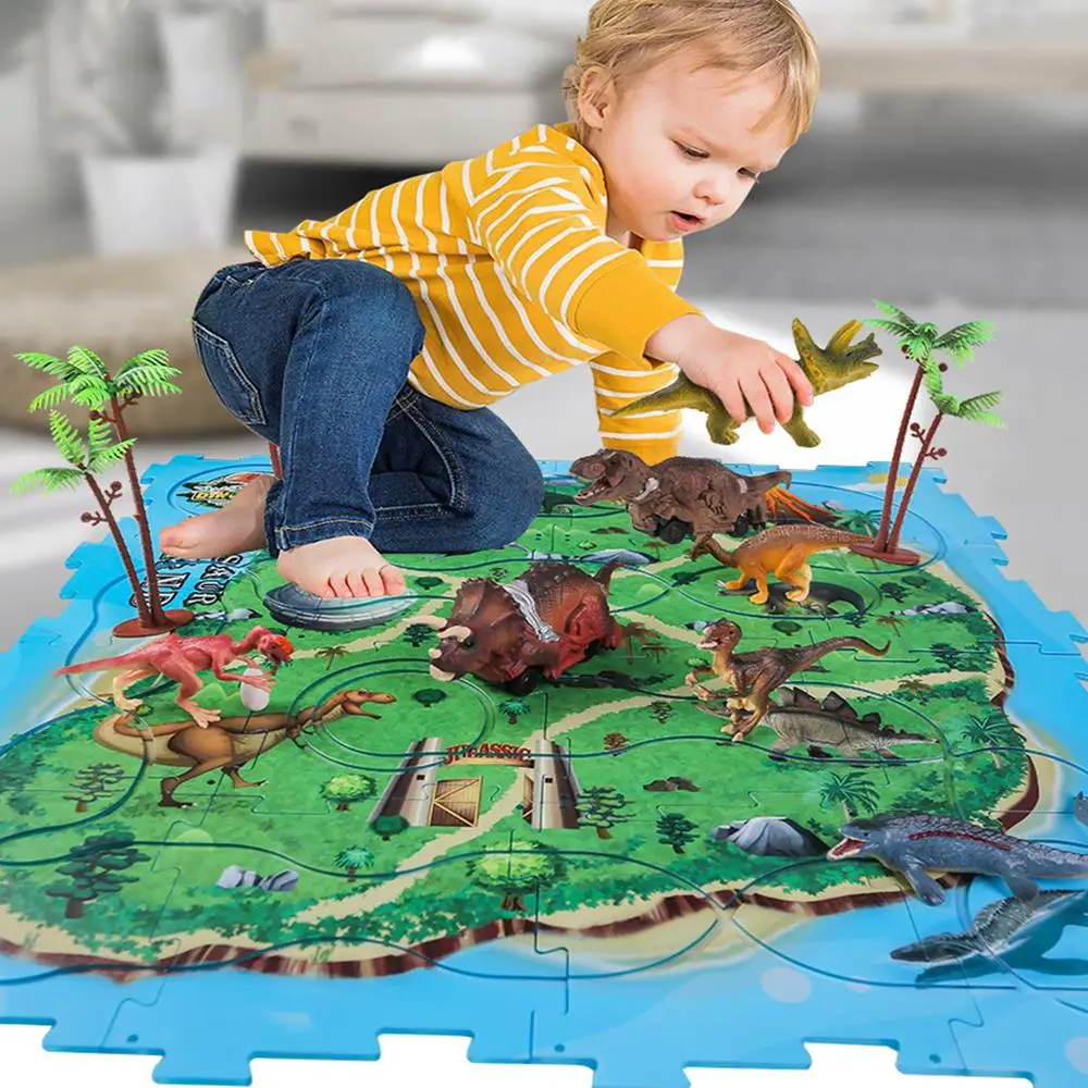 Kids Pet Dinosaur Puzzle Toy Rail Car Electric Dino Simulation Animal Model Tyrannosaurus Rex Jurassic World Boys Children Gifts