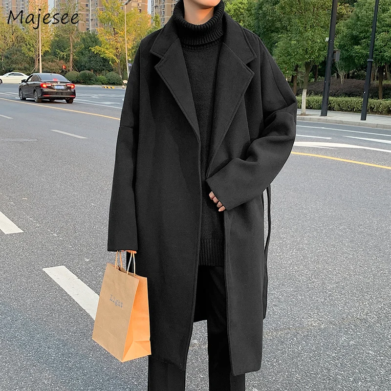 

Blends Coat Ulzzang Thicker Handsome British Style All-match Fashion Pure Color X-long Baggy Streetwear Teens Gentle Pockets