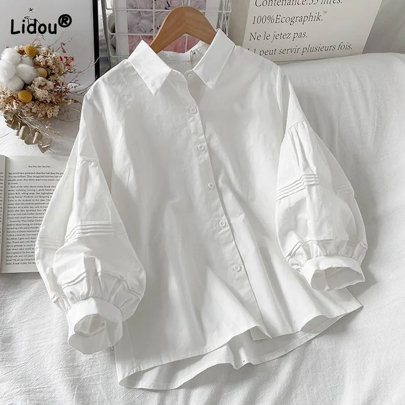 

Women's Clothing 2023 Spring Office Lady Polo-Neck Button Patchwork Long Sleeve Fashion Puff Sleeve All-match Loose White Shirt