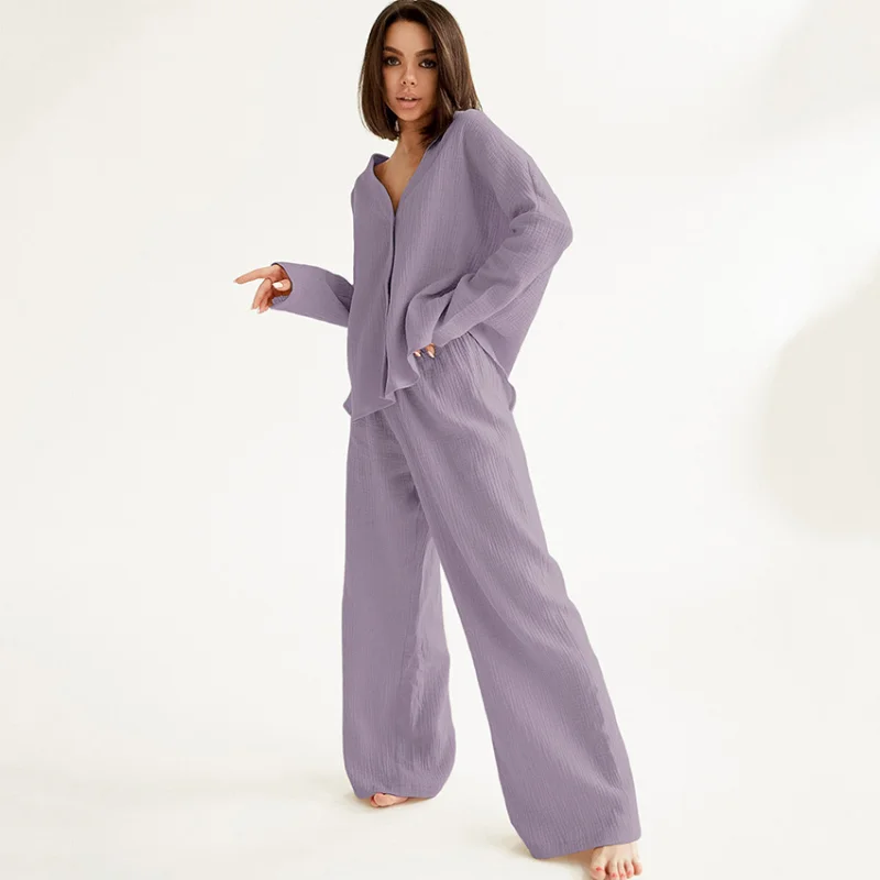 Excellent Product Women Pajama Sets Fashion Cardigan Wide Leg Trousers Sleepwear Pure Cotton Women's Home Clothes 2 Piece Suit